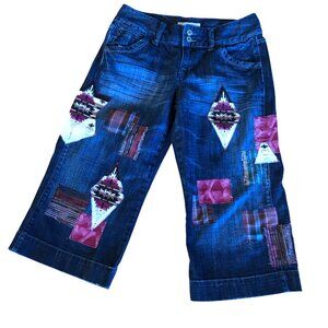 Upcycled Maurice’s Southwest Aztec Patchwork Denim Capris, Western Gauchos, 7-8